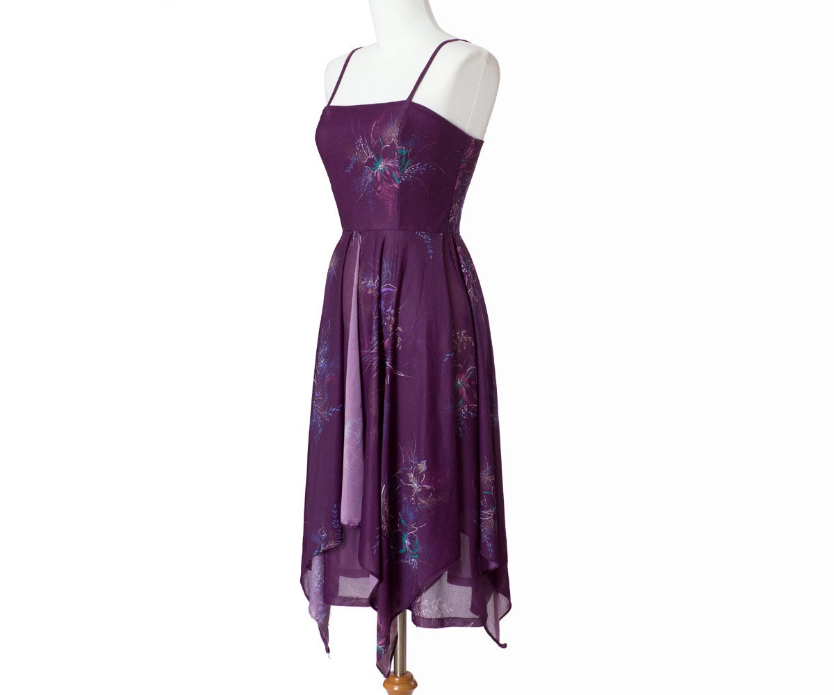 70s Vintage Dress Purple Floral Print Vintage XSmall