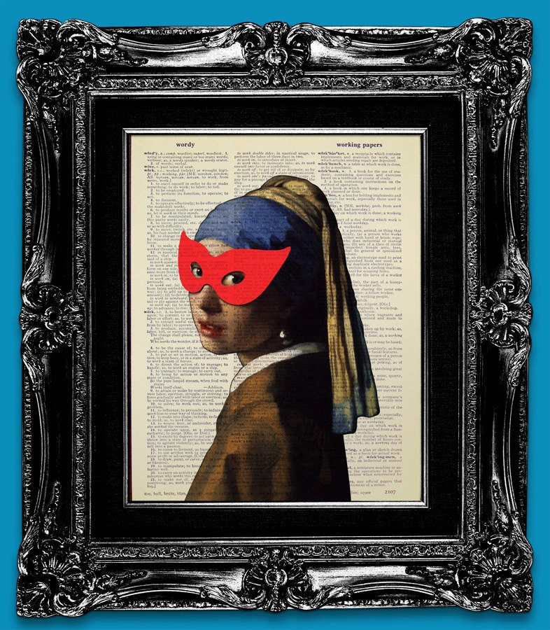 DIGITAL PRINT, GIRL Art Print, Mask Art Print, Girl Poster Girl Painting Girl Artwork, Dictionary Print Girl Book Art - Girl with a Red Mask