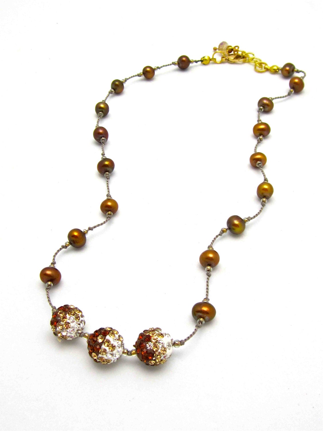 Brown Freshwater Pearl Necklace with 3 Pave Crystal Beads