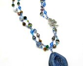 Blue Agate Necklace- Two Stranded with Crystals and Pearls