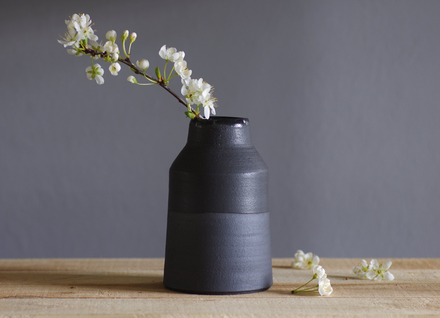 one black vase. matte black stoneware bottle / vase. modern minimal pottery ceramic