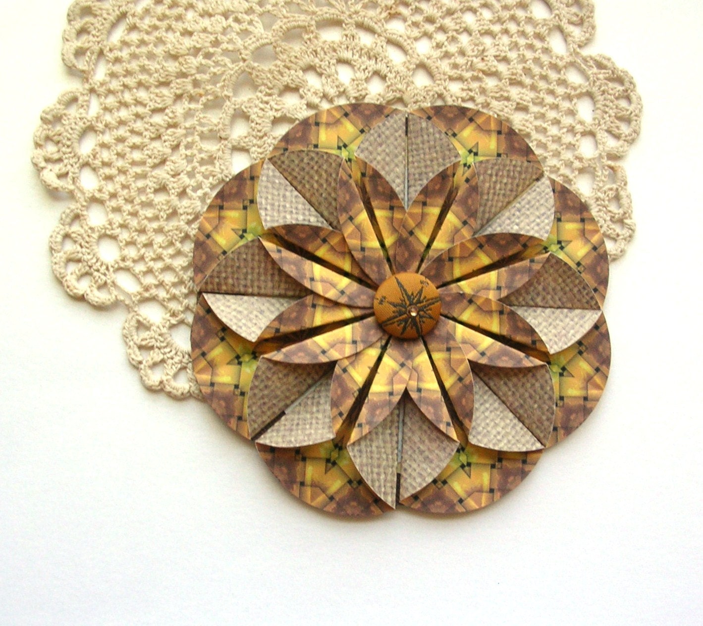 Round Origami Greeting Card - Gold Brown and Burlap Tea Bag Fold Greeting Card