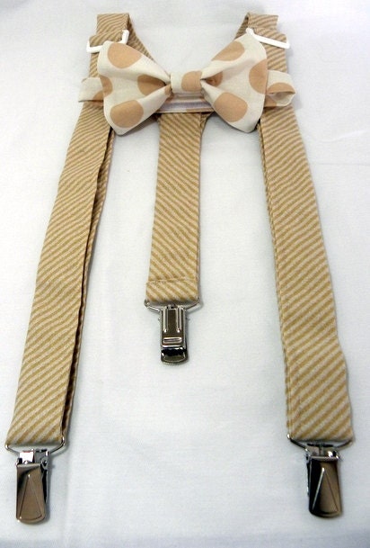 ON SALE-Beige-Lil Boy Suspenders and Bow Tie Set - Sizes newborn to 10 years. Free Priority Mail for 3 or 4 sets ordered.