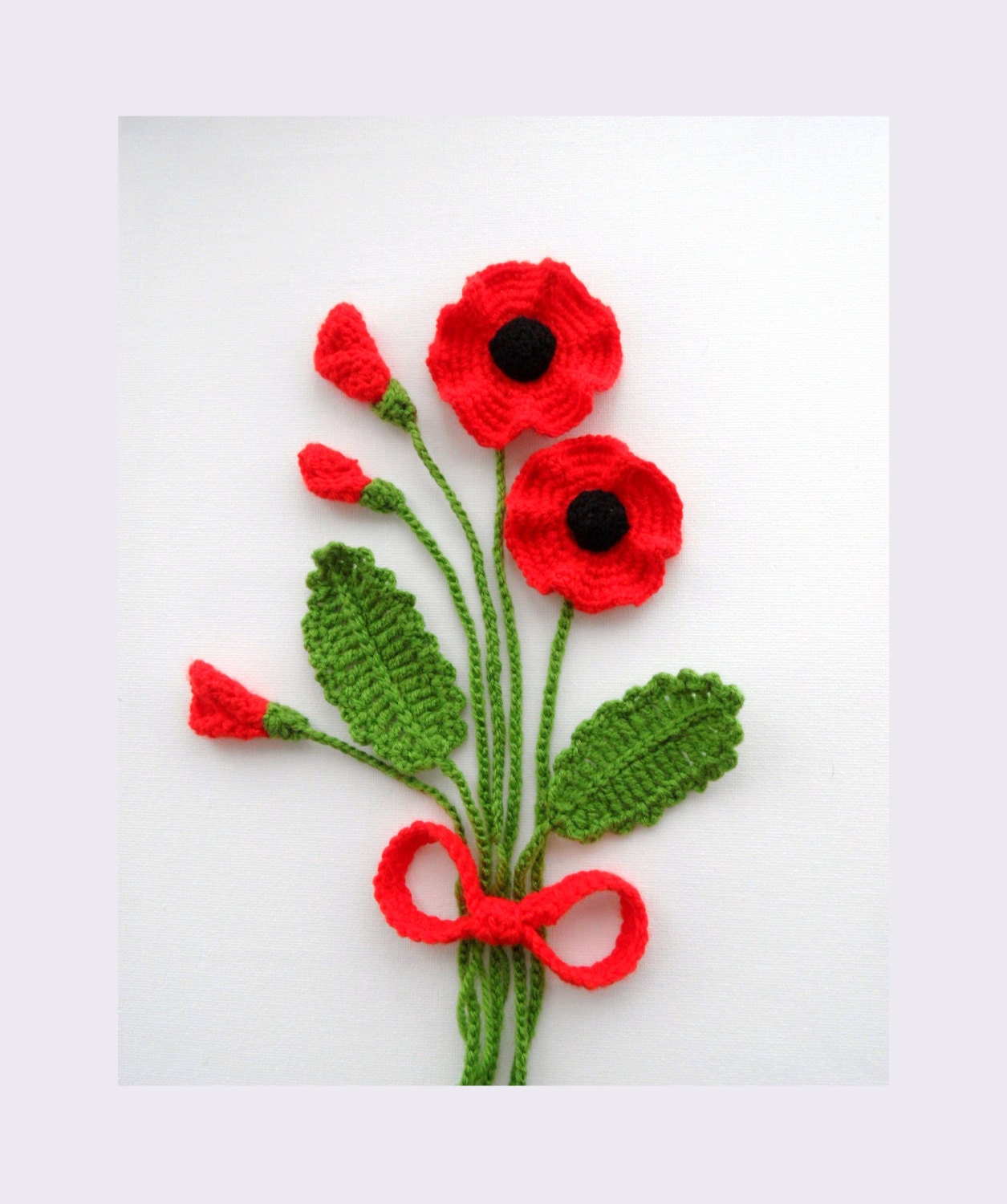 Crochet Applique Poppy Flowers and Leaves Set -  Any Colour - Made to Order