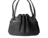1960s Black Leather Cinched Handbag - Mad Men - Small Purse