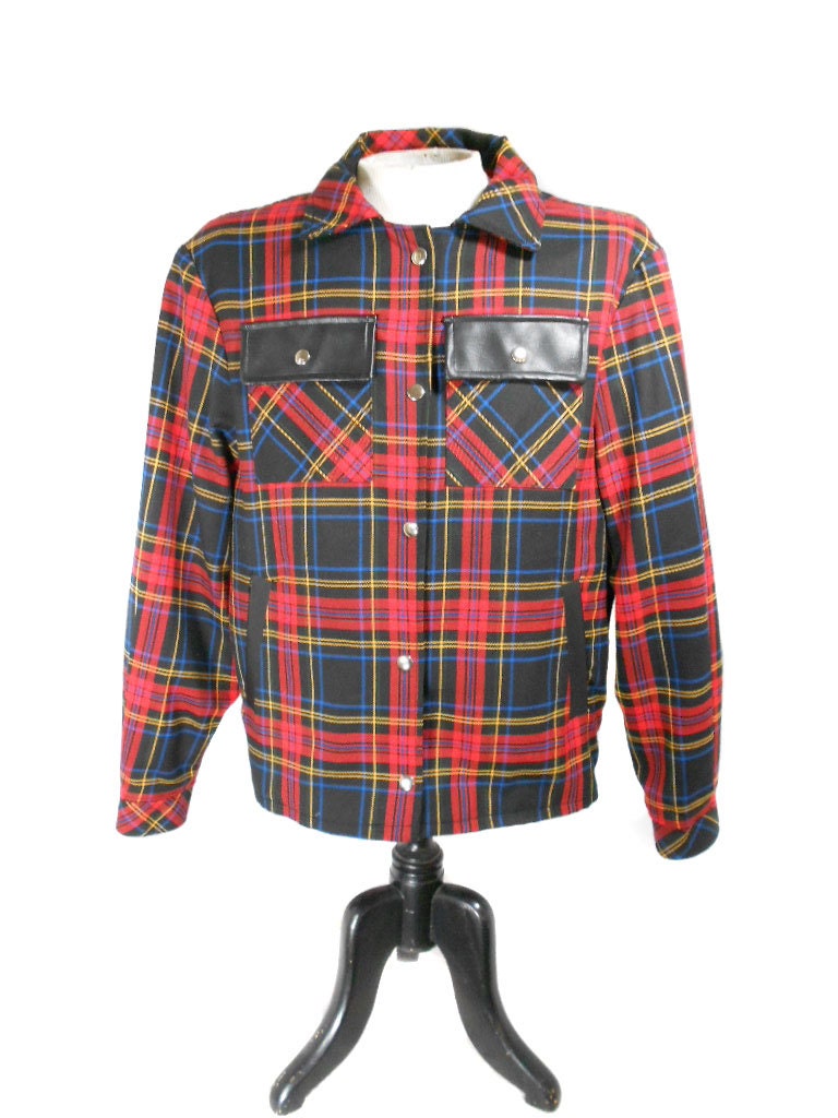 1970s Mens Plaid Outer Jacket - Hipster Jacket - Tartan - Punk Lumberjack - Size Large