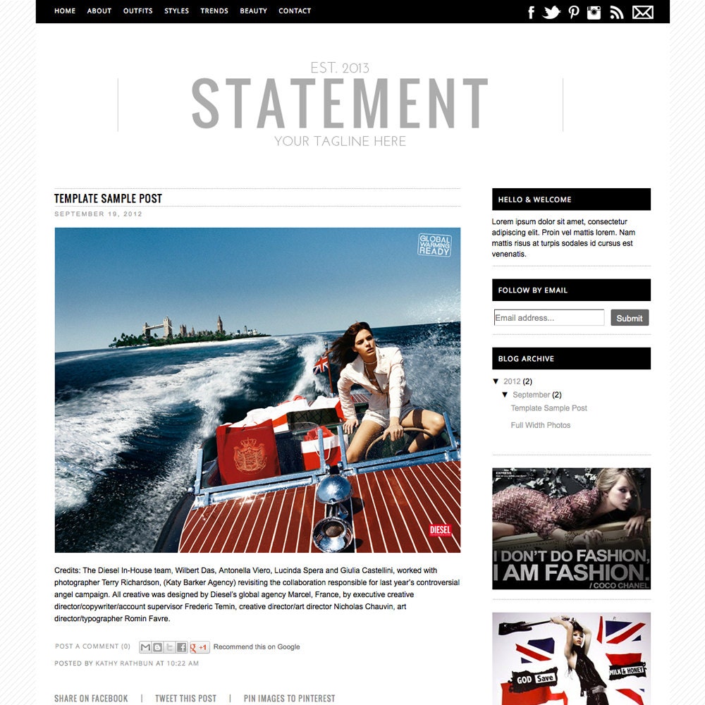 Premade Blogger Template - Fashion Blog Template