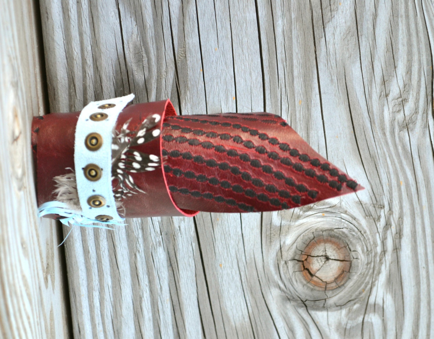 Embroidered Leather Cuff Bracelet - Leather Cuff Bracelet - Ox Blood Leather Cuff