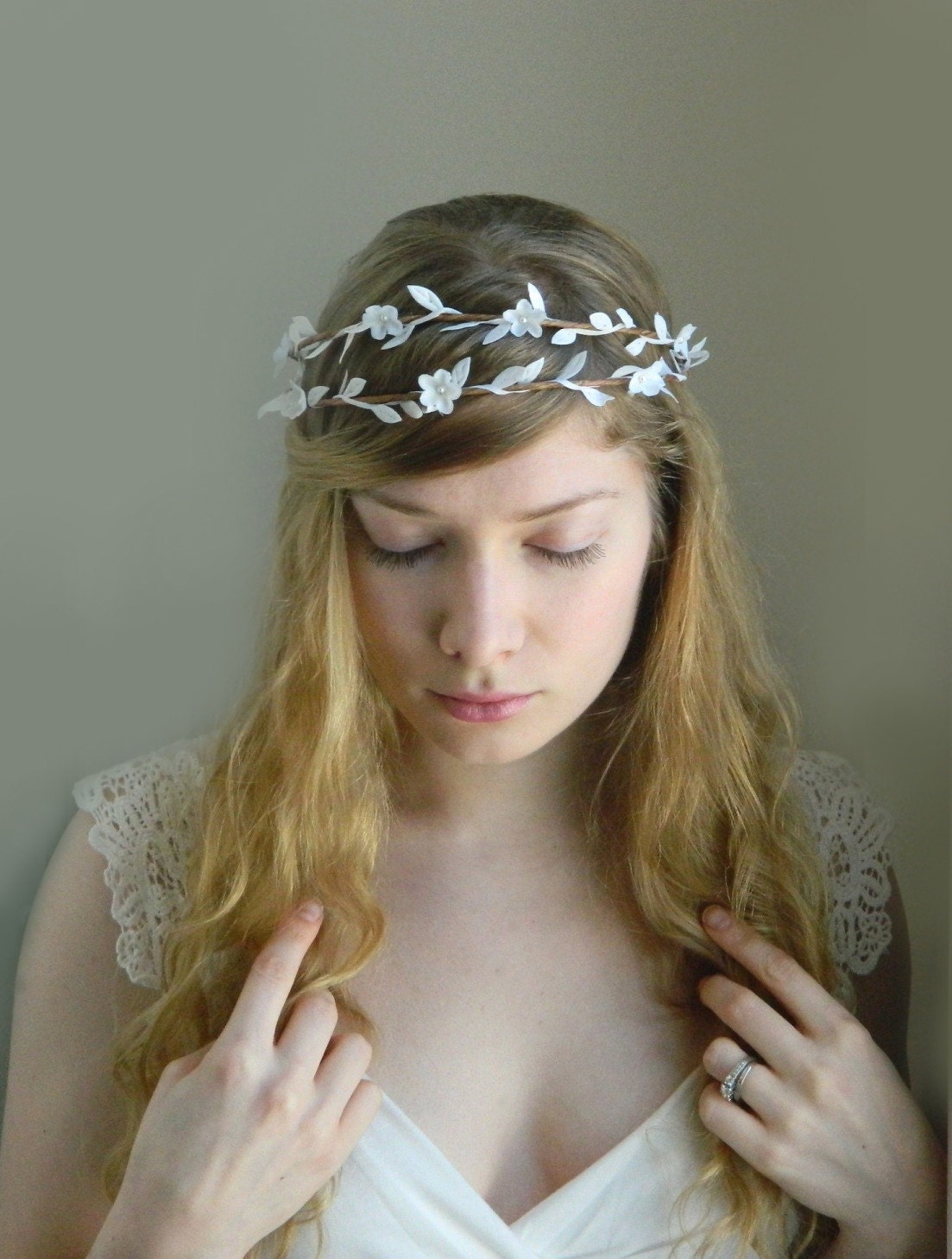 Lady of the Woods Double Crown - White Woodland Rustic Hair Piece - Bridal Head Piece
