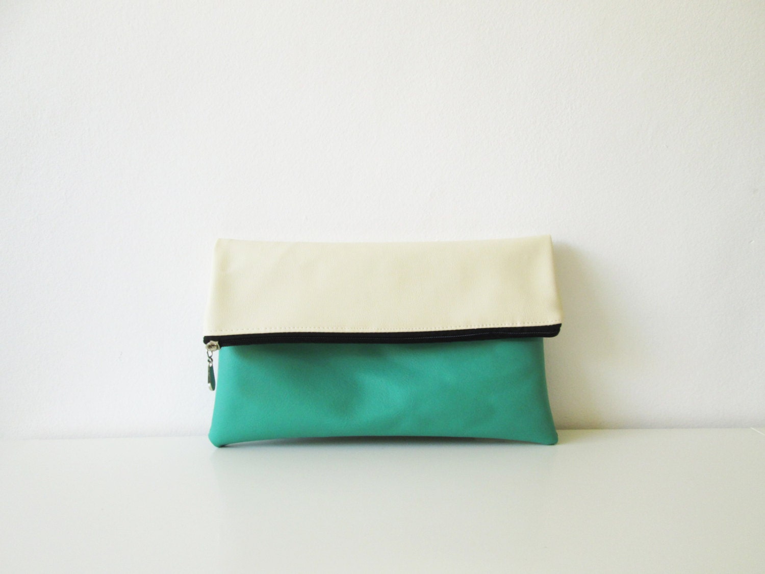 Clutch purse Foldover,  Color Block, Cream and dark mint, Bridesmaids gift
