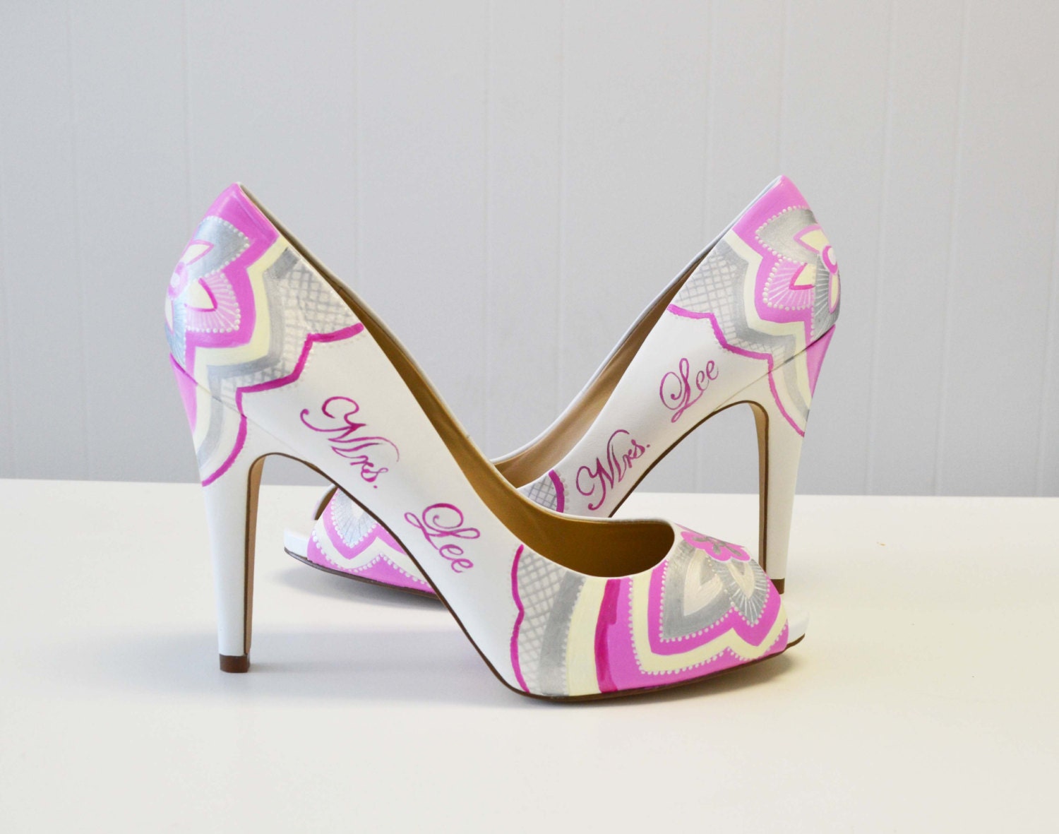 Wedding Shoes - Bridal Shoes - Hand painted Heels- Soft Pink Flower shoes- Silver shoes