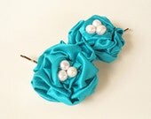 Turquoise Flower Hair Clips, Blue Fabric Flower Hair Accessories, Bridesmaids Hair Pieces, Wedding Rosette Hair Pins, Bridal Bobby Pins