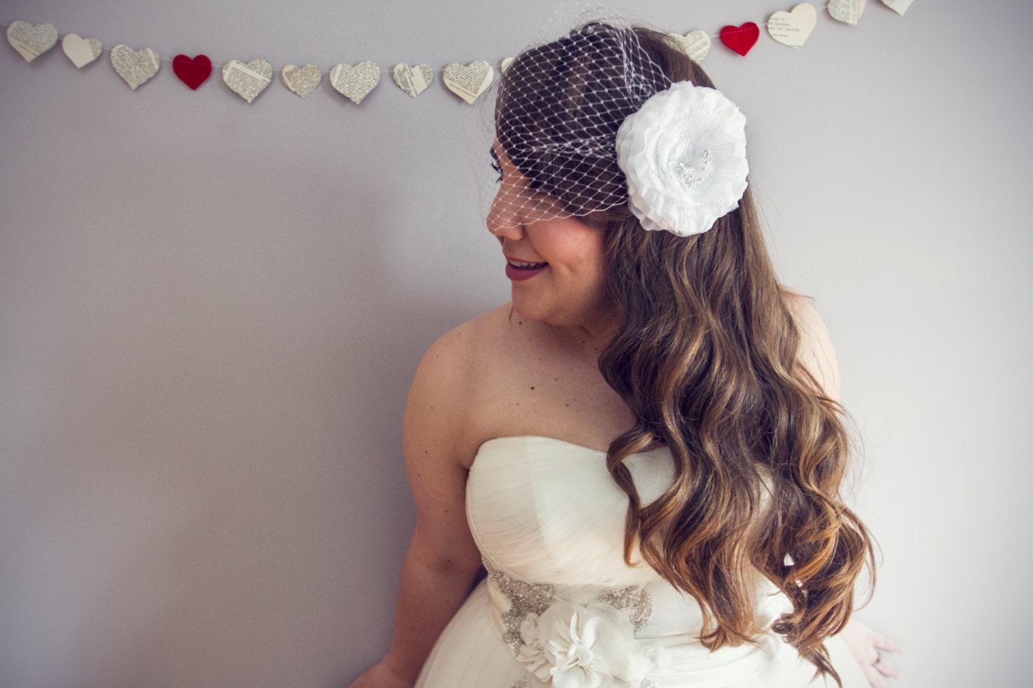 bridal veil with silk flower- bandeau style- birdcage veil- 9 inch veil
