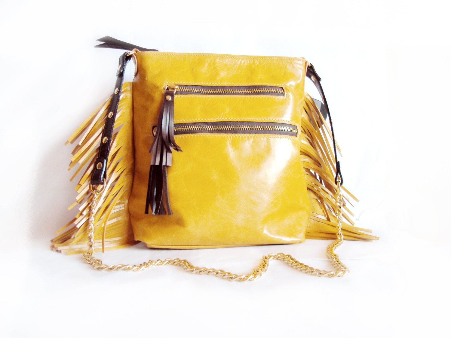 Fringe Leather Purse, Yellow Mustard Cross Body Bag, Leather Shoulder Bag, Leather fringes, Messenger Bag, Studded Bag
