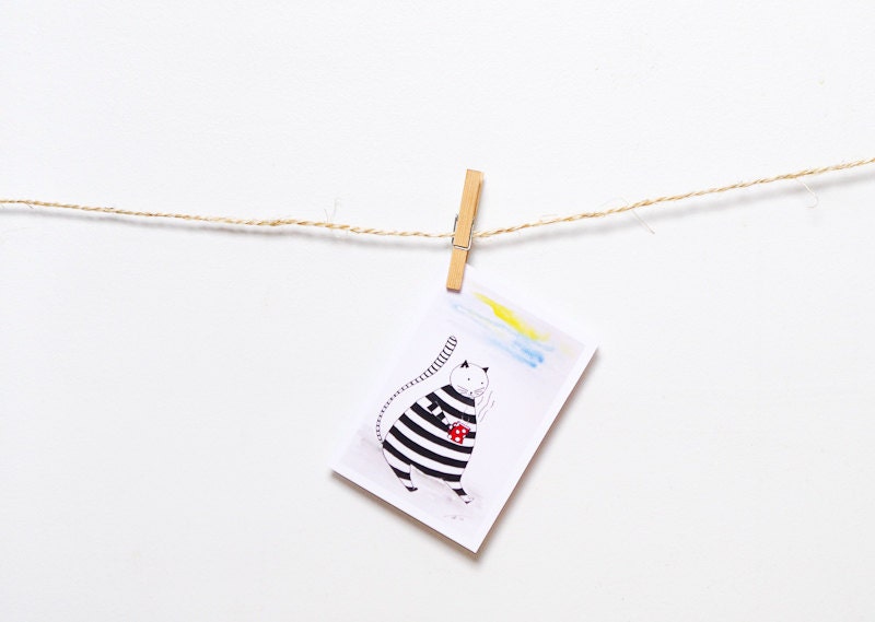Funny cat greeting card / Cute striped white and black kitty card / Birthday card / Animal painting /  Coffee time art