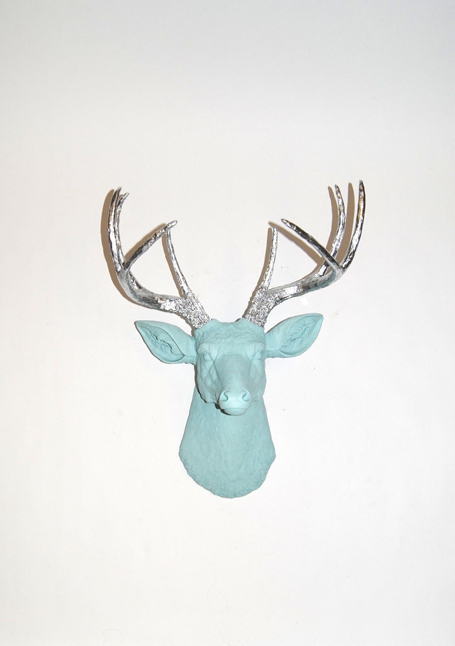Faux Deer Head - The Wrenn - Seafoam Green Resin Deer Head w/Chrome Antlers- Deer Antlers Mounted- Faux Head Wall Mount