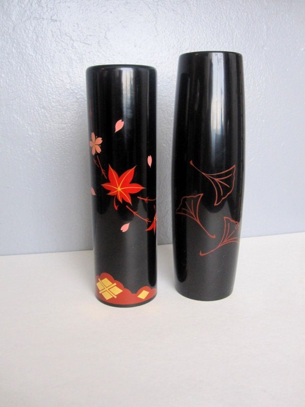 VIntage Japanese Black Lacquer Vases Set of 2