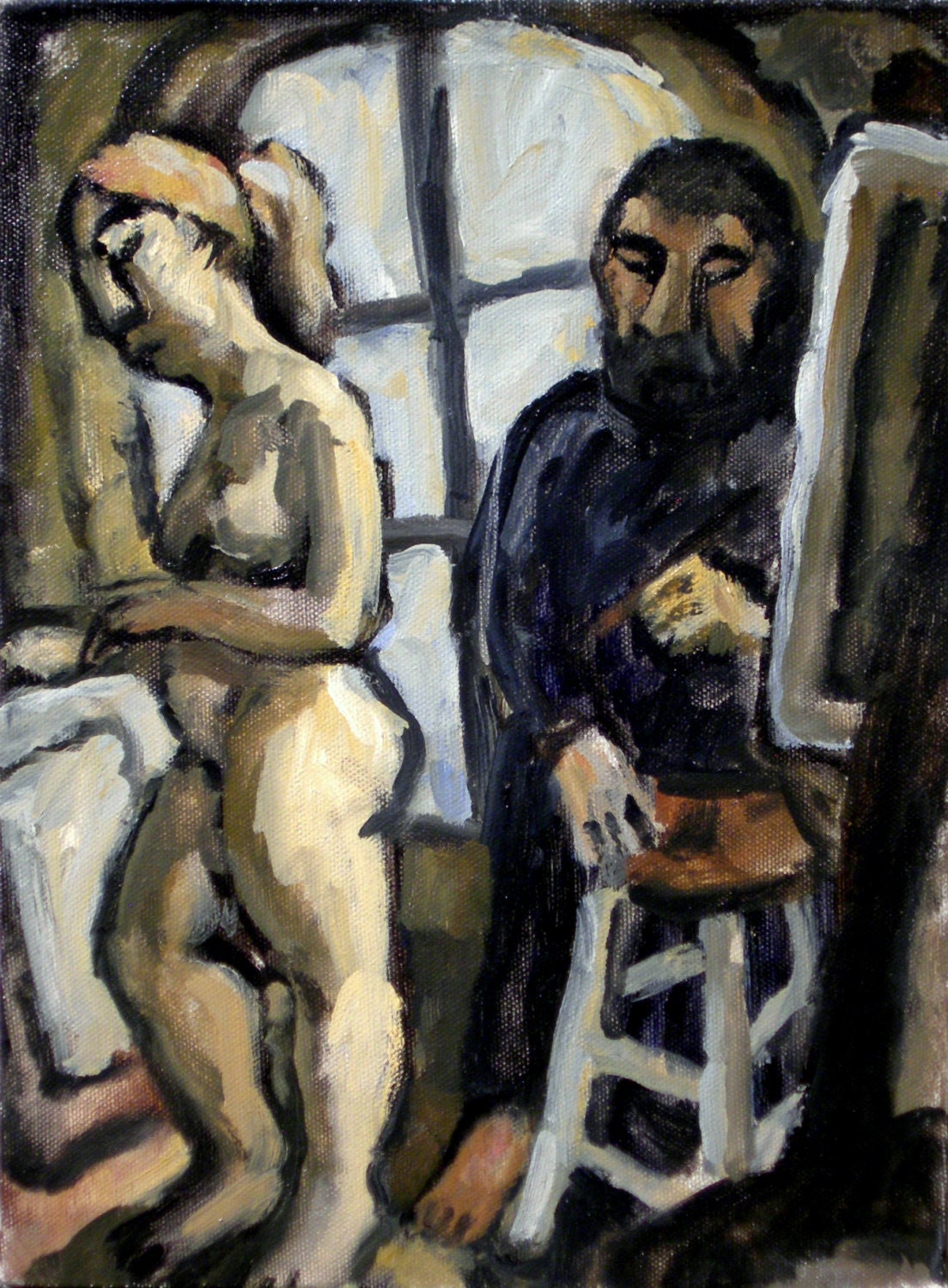 Artist and Model in Studio, Small Original Oil on Canvas, Contemporary Figure Painting, Modern Expressionist Fine Art