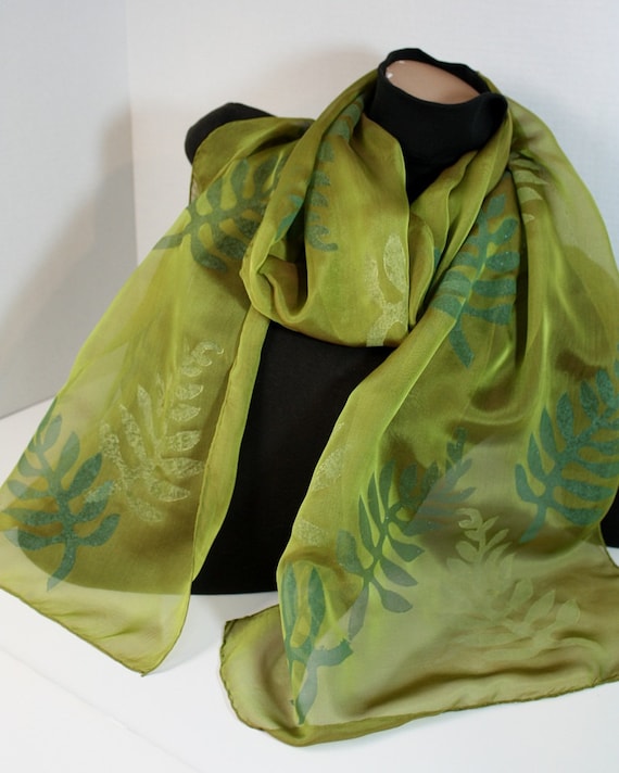 Silk Chiffon Scarf Chartreuse Green with Fern Fronds in Pine, Teal & Pale Chartreuse Iridescent Long Lightweight Hand Block Printed