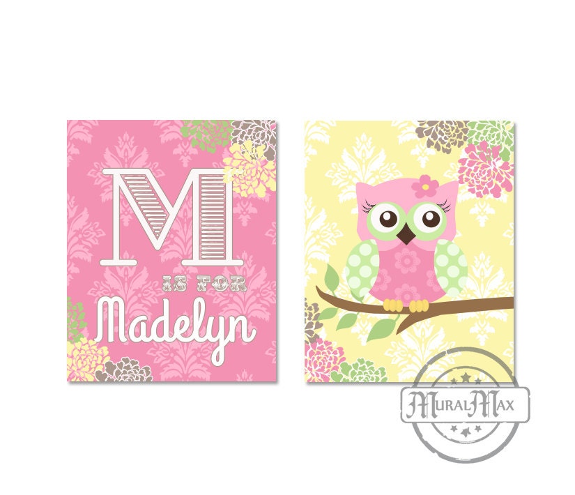 Nursery Art Print , Personalized Nursery art Set of Two 8X10  Prints , owl, birds, baby name