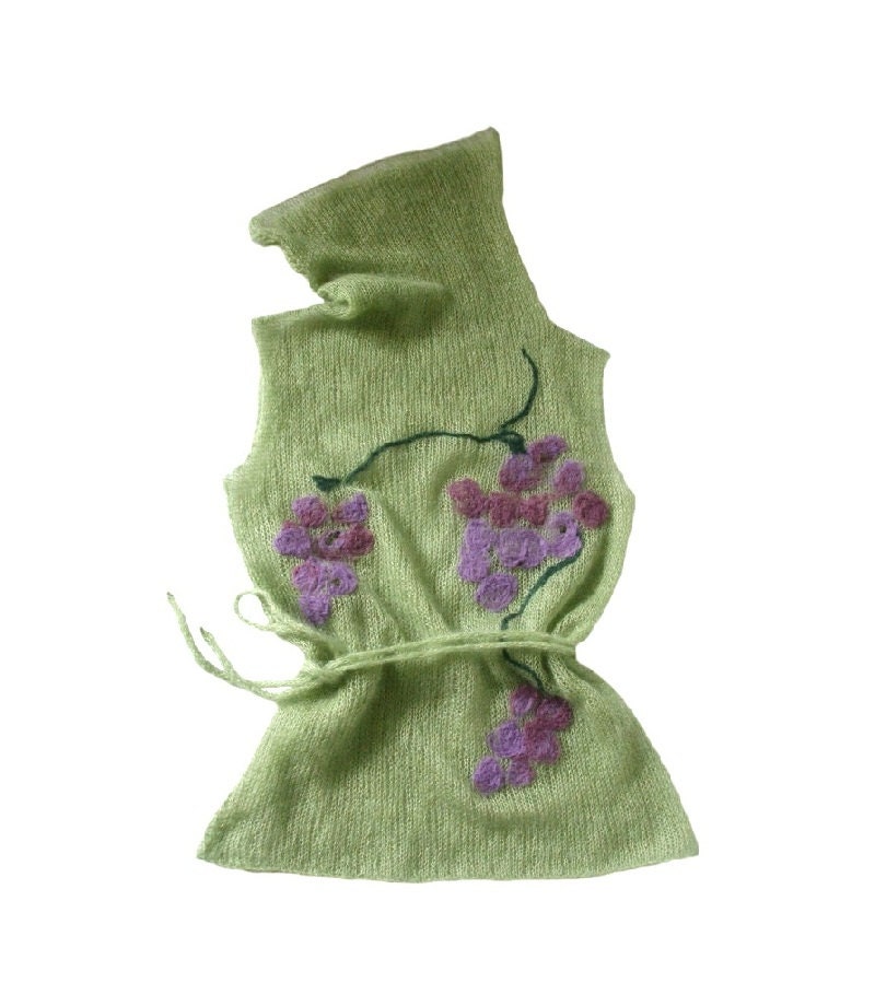 Elegant kiwi-colored  tunic hand knitted, made of kid-silk with felted application  MADE TO ORDER - KFbyMalgorzataDrozd