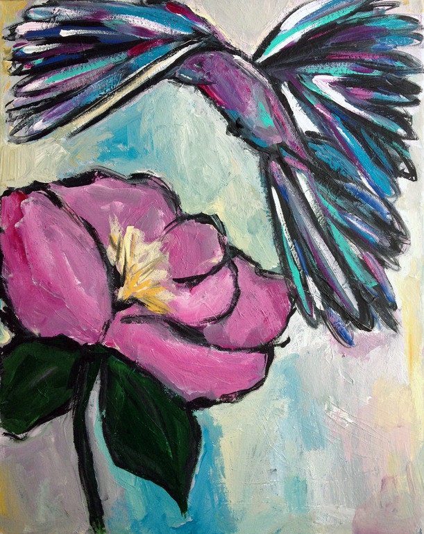 The Hummingbird- abstract, impressionist, expressionist, art print, painterly, vibrant, colorful, hummingbird, flower, art, whimsical