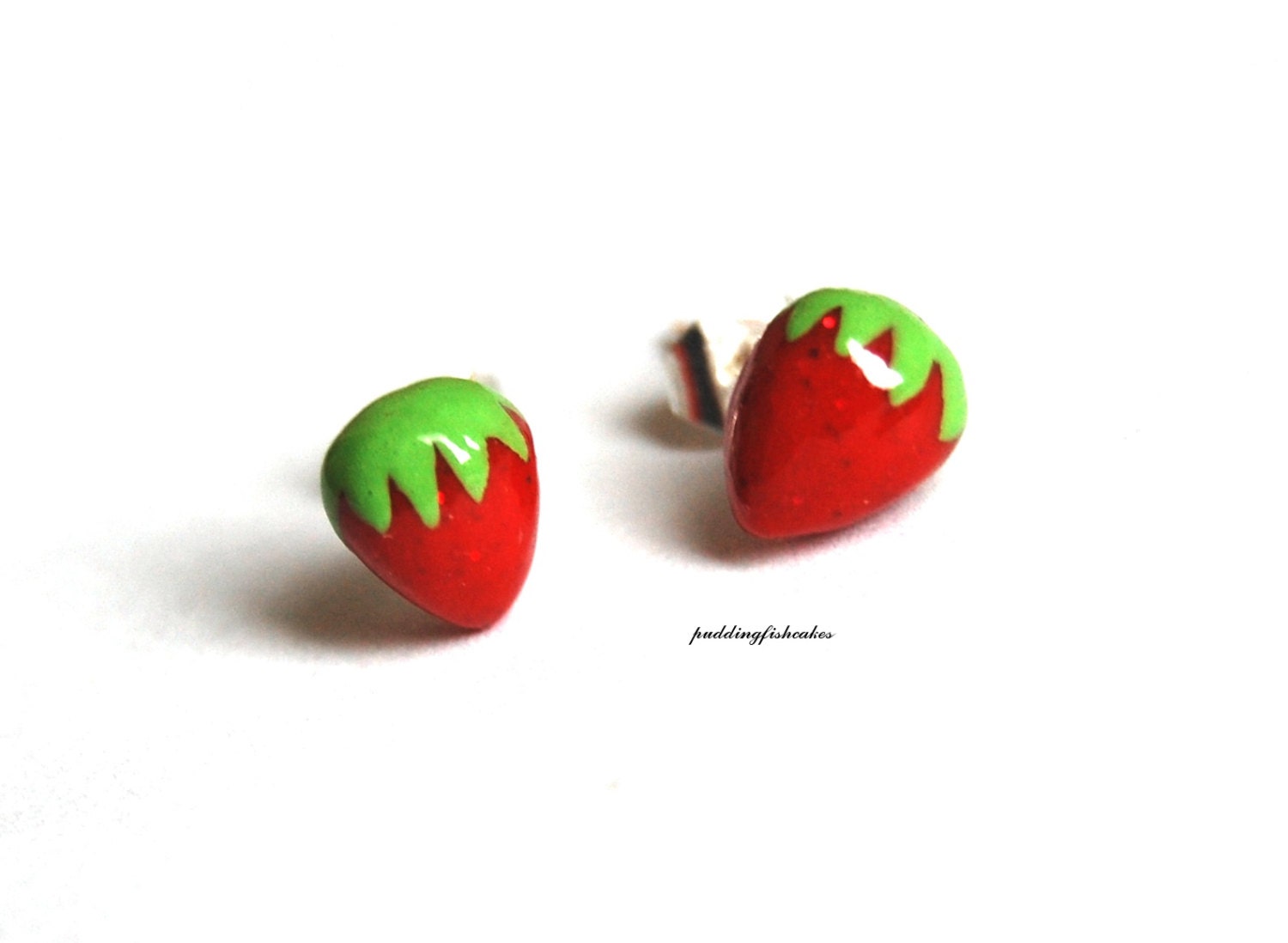 Tiny Strawberry Silver-Plated Earring Studs. Polymer Clay.