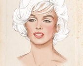 MARILYN MONROE Portrait Poster Print - Fashion Illustration - Original Pencil Drawing - 1960s Fashion - Red Lips - Beige - Pale - Pastel