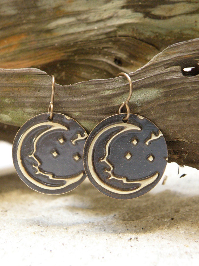 Embossed Brass Moon Earrings, Night Sky Earrings, Round Dangle Earrings, Metal Earrings
