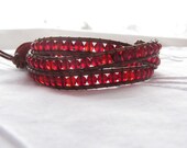 SALE - Red Triple Wrap Leather Bracelet ,Teak Brown Leather, Beaded bracelet