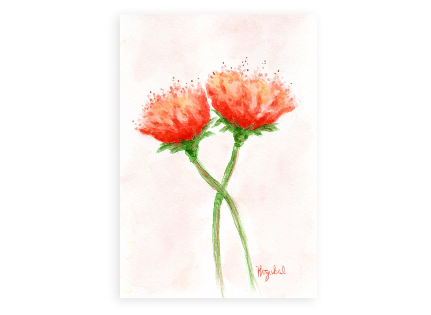 Two Handpainted Red Orange Green Pink Watercolor Flowers Spring Original Summer Abstract Modern Happy Home Decor Art Painting 7x1/2 5 1/4 - PainterPeeps