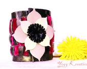 Leather cuff Bracelet Black Floral Pink Velvet Bangle Crystals wrist band braided wrap Handmade Flower Silver Summer women OOAK Jewelry