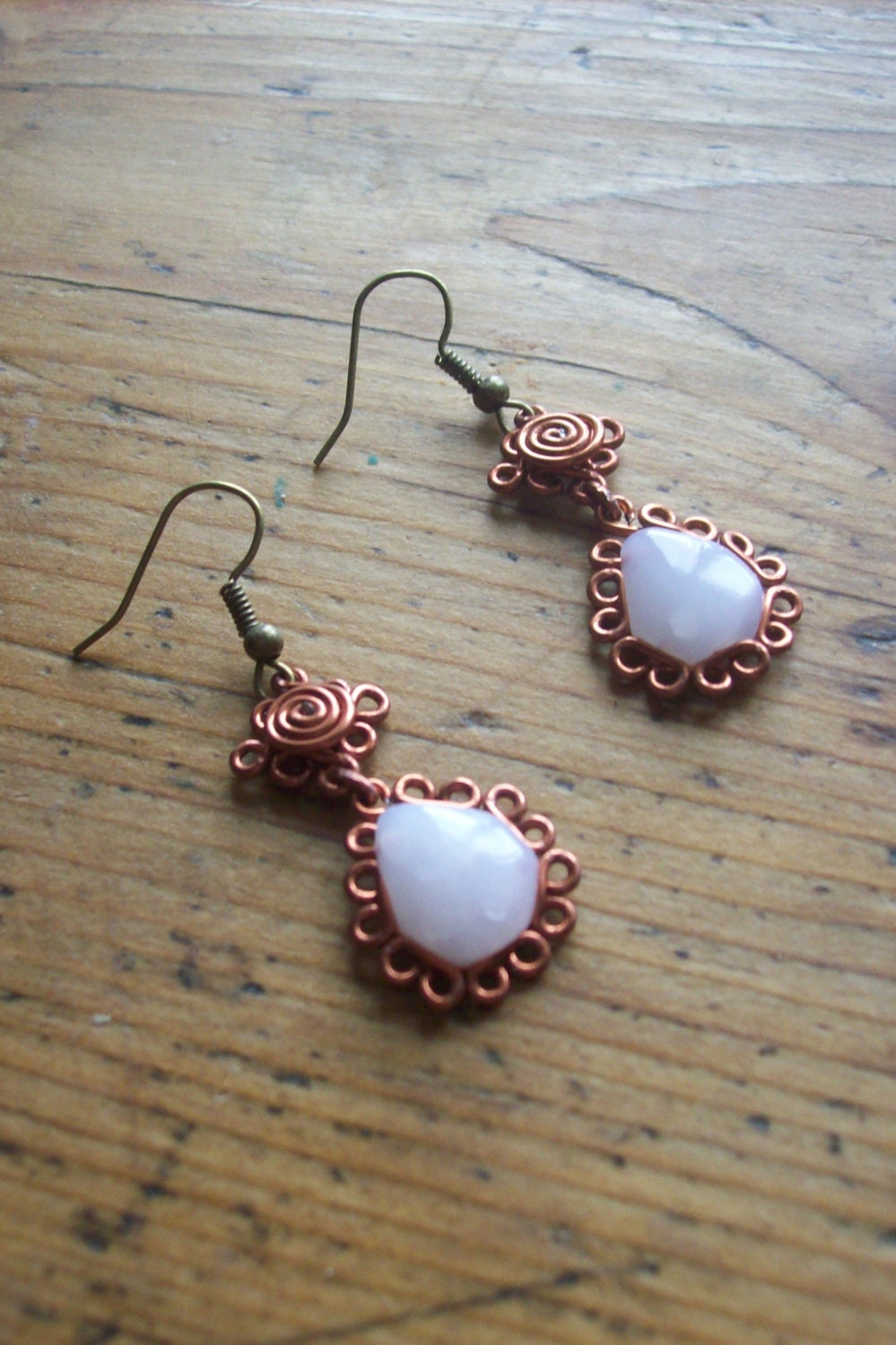 Withe tears drop earrings, copper victorian dangle earrings, wire wrapped earrings