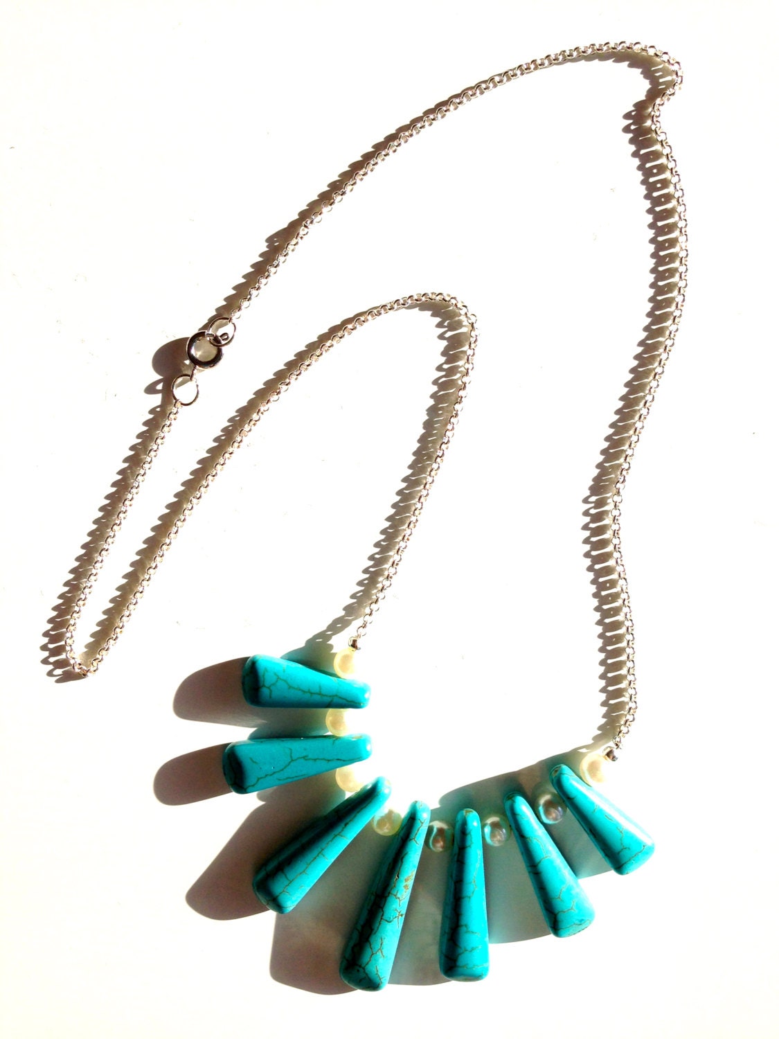 24" Elegant Handmade Beaded Necklace Turquoise Dyed Howlite Glass Pearls Silver Plated Chain Jewelry Pendant