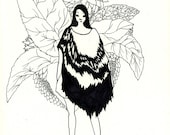Pen and Ink Drawing Illustration Art Digital Print Black and White Girl Gift Women Plants Home Decoration Vintage Fantasy Unique Special