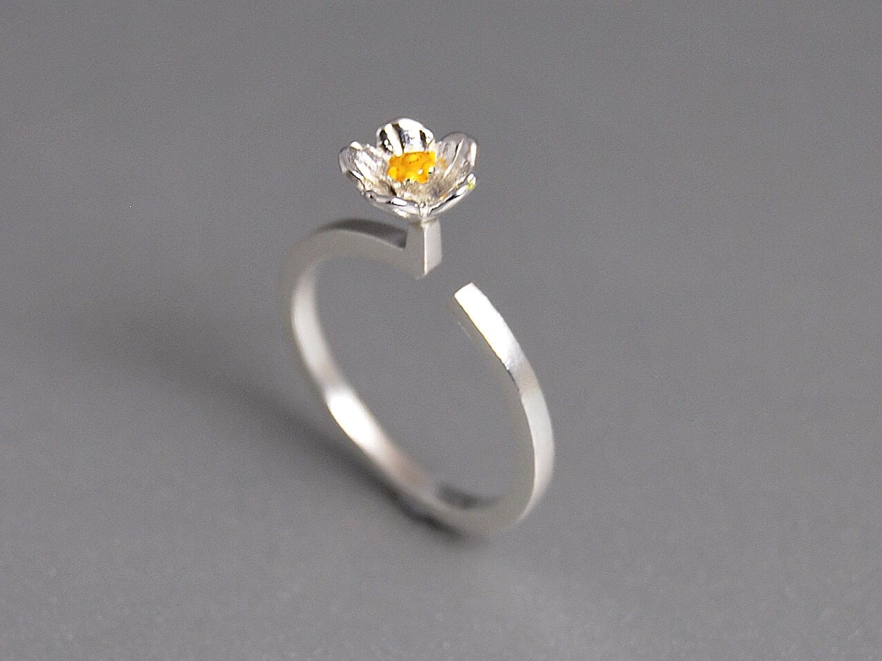 Daisy Ring Open Adjustable Sterling Silver Band Flower Bright Yellow Enamel Spring Everyday Stacking Ring Blossoming Gift for Her