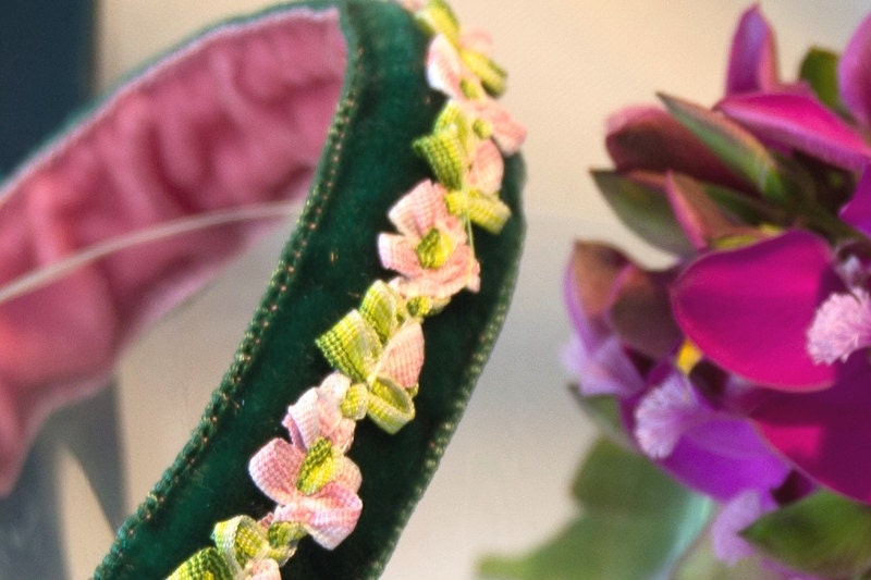 Headband, bicolor velvet and trimmings, forest green and salmon pink, hairband, hair accessory