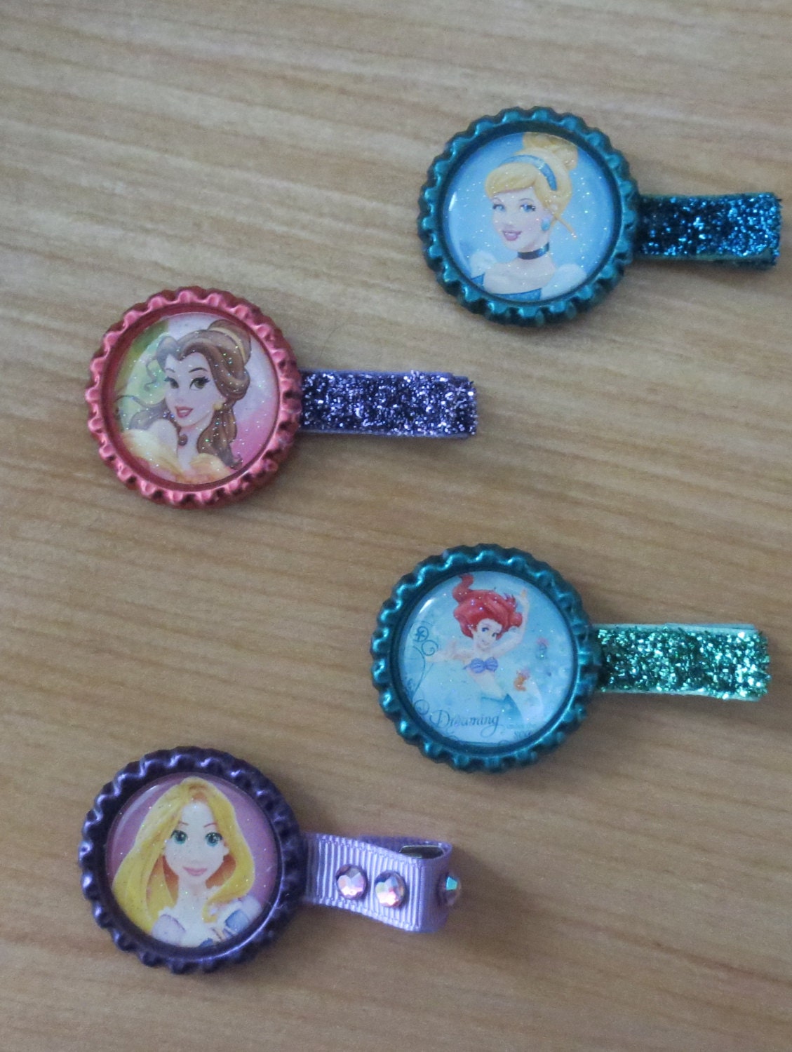 Disney Princess Inspired Glitter Bottlecap Hair Clip- Choose your Princess Cinderella, Belle, Ariel, Aurora, Rapunzel