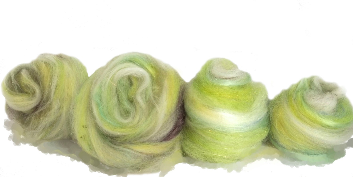 Glittery fiber art felting, spinning batt, Granny Smith