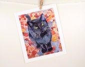 Black Cat Art - Watercolor Painting Print - Animal Art Cat Painting, Pet, Kitten, Home Decor Poppy Red Dusty Rose Halloween - ACEO to 8 x 12