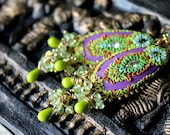 Peridot, Prehnite and czech glass beads with brass filigree, clay floral details and vintage crystal earrings - Blooming Lilacs