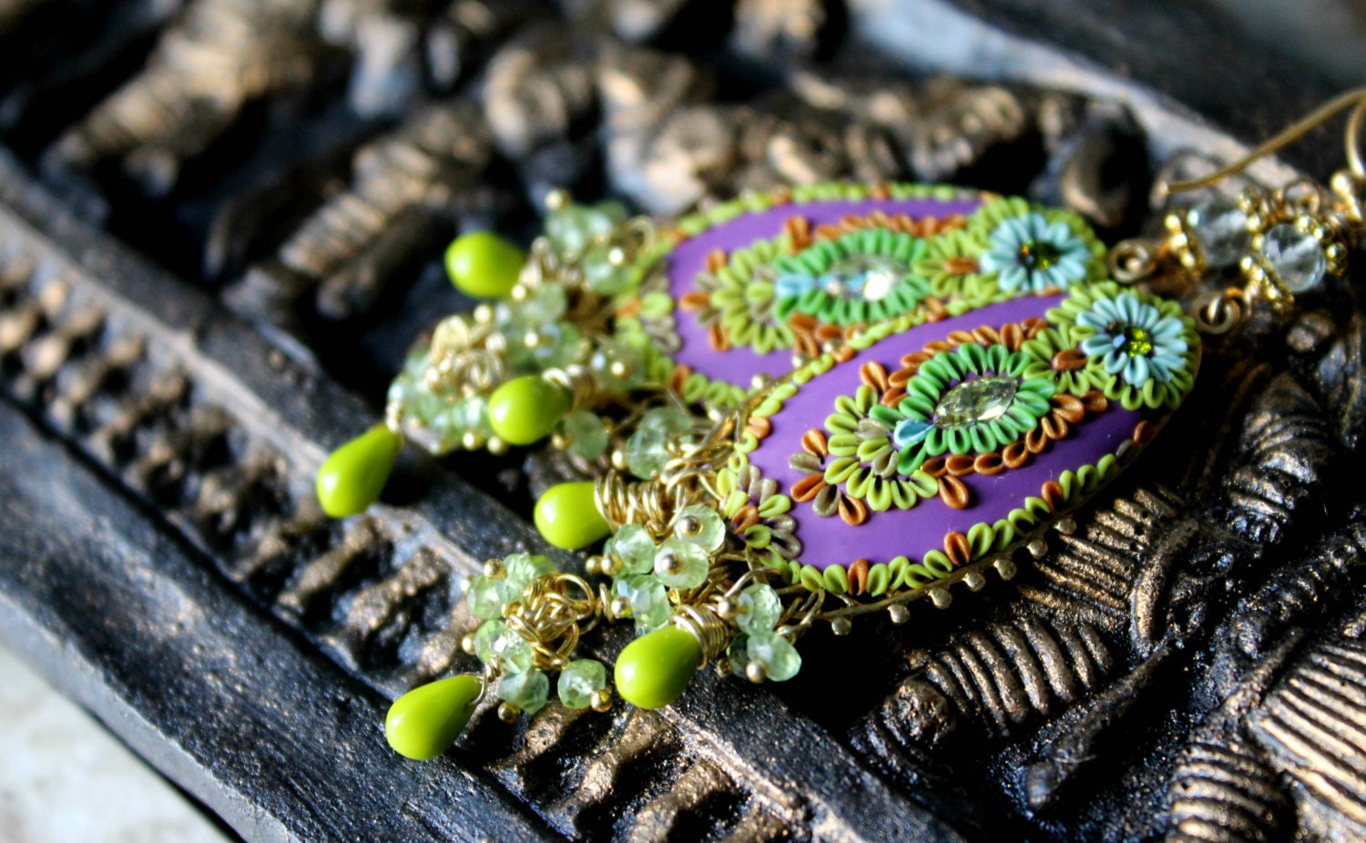 Peridot, Prehnite and czech glass beads with brass filigree, clay floral details and vintage crystal earrings - Blooming Lilacs