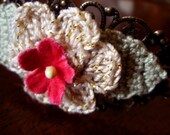 Headband - Crocheted Flowers and Leaves with Millinery Flower - Antiqued Brass Shabby Chic Boho Vintage Style Metal Hair Accessory
