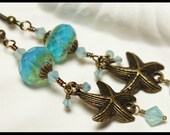 Handmade Beaded Jewelry Earrings Starfish Beach Aqua Turquoise Blue Glass Crystal Charm Antique Brass...Sea Stars