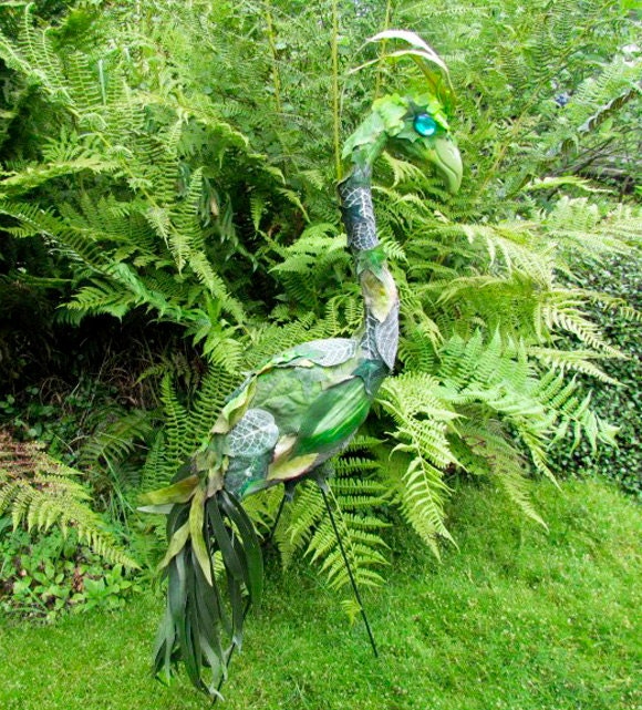 Camouflage Dragon Garden Art Flamingo -  handmade, recycled yard art, lawn sculpture, up-cycled plastic flamingo.