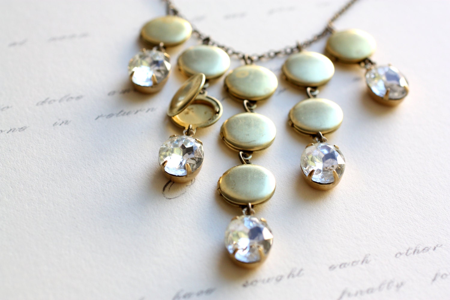 Statement Necklace with Vintage Lockets and Vintage Diamond Jewels. Bib Necklace. Bubble Necklace. April Birthstone Gift. Love Story