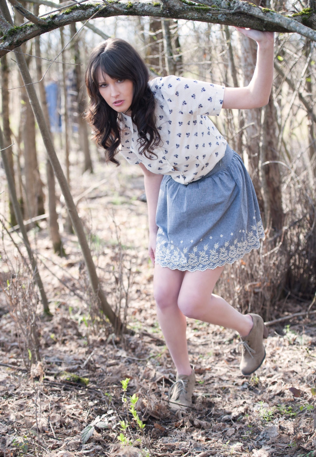 High waisted skirt - vintage inspired full pleated lace scalloped edge, feminine boho bohemian classic style - large