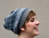 Slouchy Beanie, Striped Hat, Hand Knit Beanie Hat, Women and Men - Blue, Gray, Dark Blue and Ice Blue melee