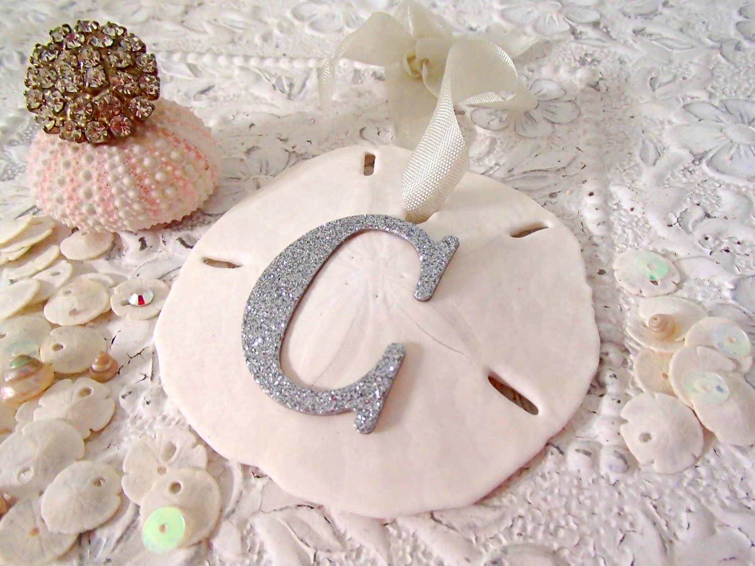 Beach Decor, Sea Shell Decor, Sand Dollar Ornament - Silver Glitter Sand Dollar Ornament Wedding Table Decor or Favor