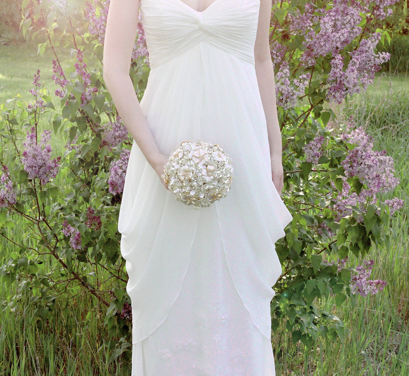 Wedding Flowers - Brooch Bridal Bouquet of Pearl Hyrdrangeas and Blush Brooch Flowers - Wedding Bouquet